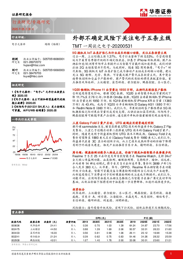 TMT一周谈之电子：外部不确定风险下关注电子五条主线
