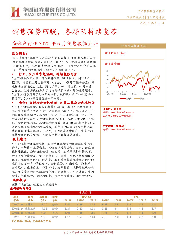 房地产行业2020年5月销售数据点评：销售强势回暖，各梯队持续复苏