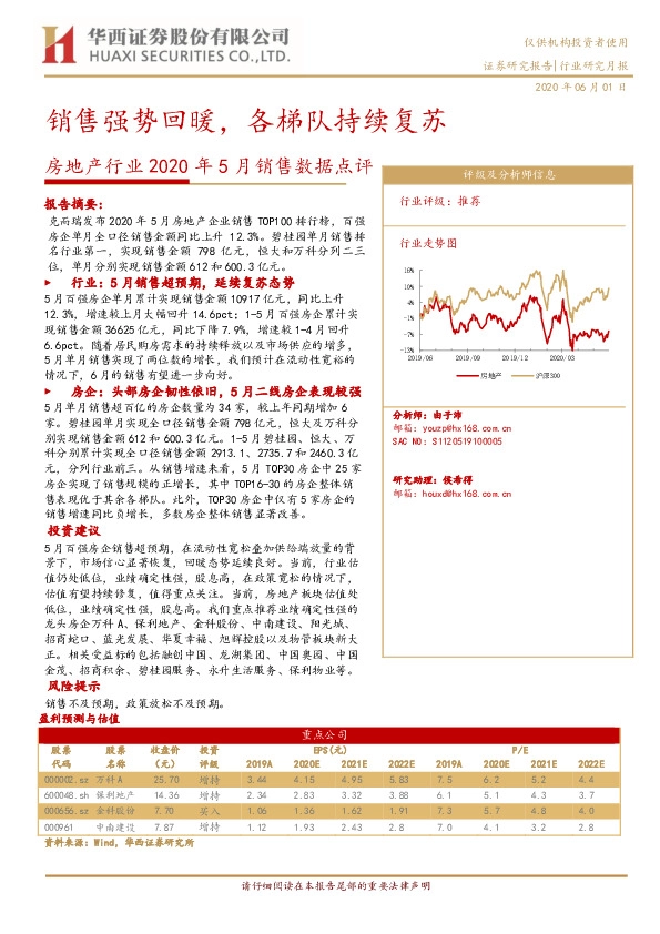 房地产行业2020年5月销售数据点评：销售强势回暖，各梯队持续复苏