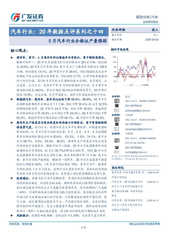汽车行业：20年数据点评系列之十四-5月汽车行业合格证产量跟踪