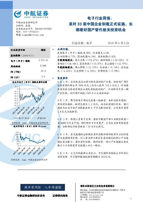 电子行业周报：美对33家中国企业制裁正式实施，长期看好国产替代相关投资机会