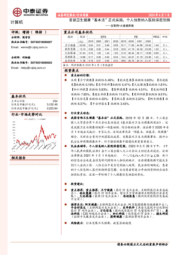 互联网+大健康周报：首部卫生健康“基本法”正式实施，个人信息纳入医院保密范围