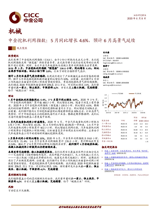 机械：中金挖机利用指数：5月同比增长4.6%，预计6月高景气延续