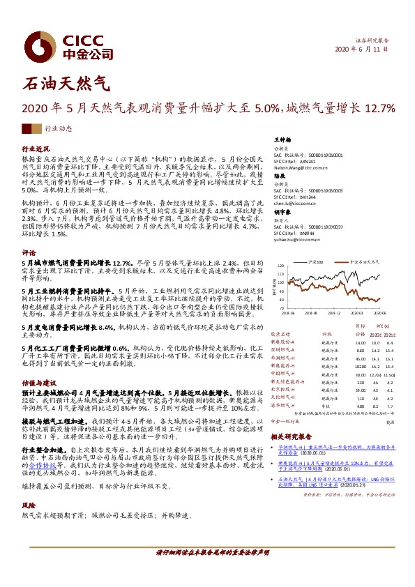 石油天然气：2020年5月天然气表观消费量升幅扩大至5.0%，城燃气量增长12.7%