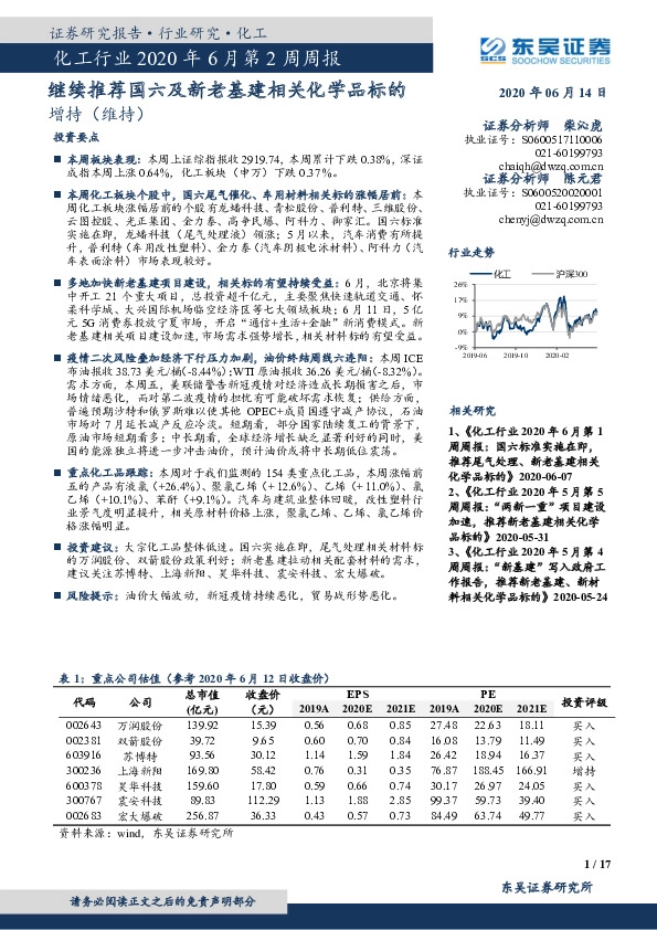 化工行业2020年6月第2周周报：继续推荐国六及新老基建相关化学品标的