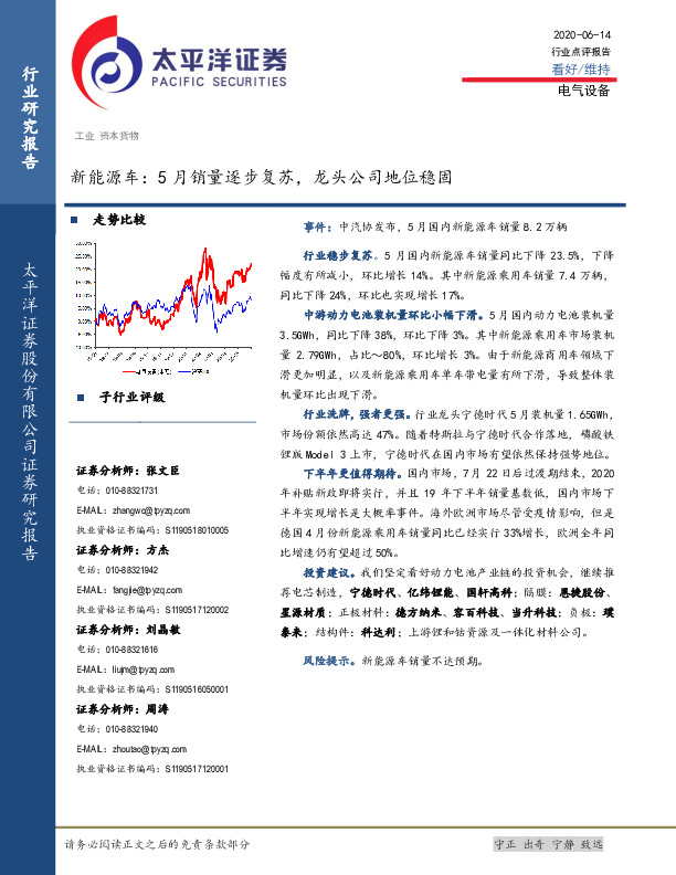 新能源车：5月销量逐步复苏，龙头公司地位稳固