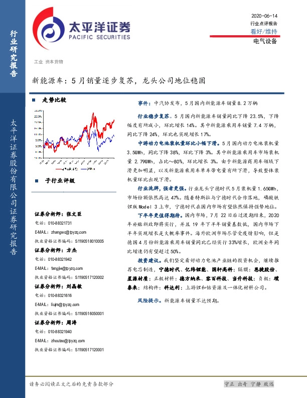 新能源车：5月销量逐步复苏，龙头公司地位稳固