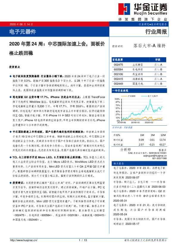 电子元器件2020年第24周：中芯国际加速上会，面板价格止跌回稳