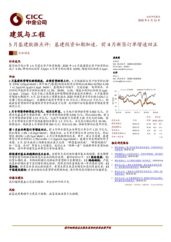 5月基建数据点评：基建投资如期加速，前4月新签订单增速回正