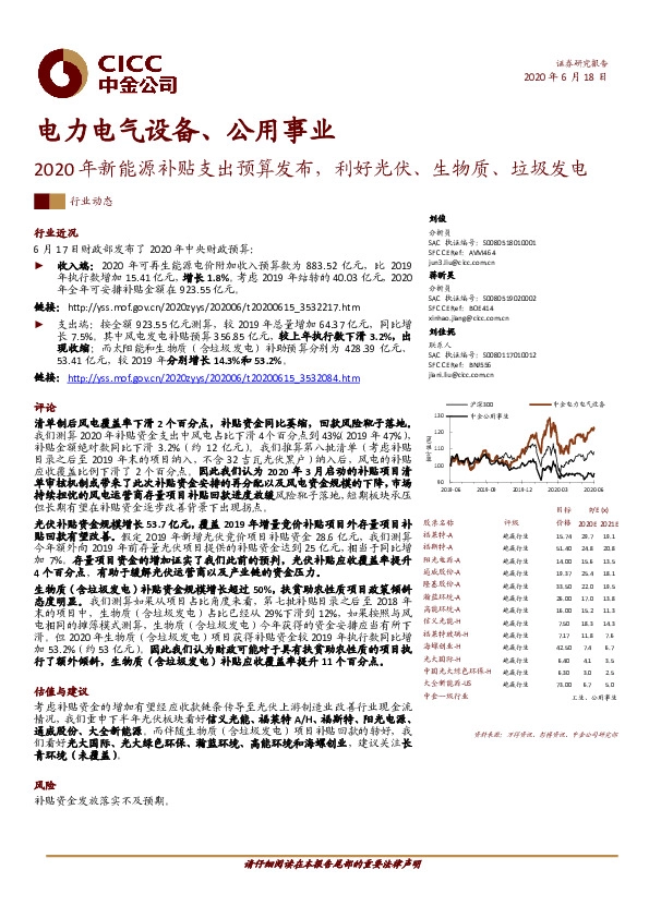 电力电气设备、公用事业：2020年新能源补贴支出预算发布，利好光伏、生物质、垃圾发电
