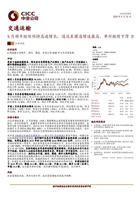 交通运输行业动态：5月顺丰继续保持高速增长；通达系圆通增速最高，单价继续下滑
