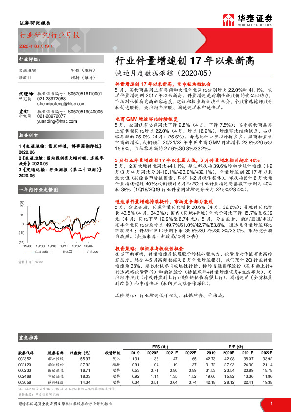 快递月度数据跟踪：行业件量增速创17年以来新高
