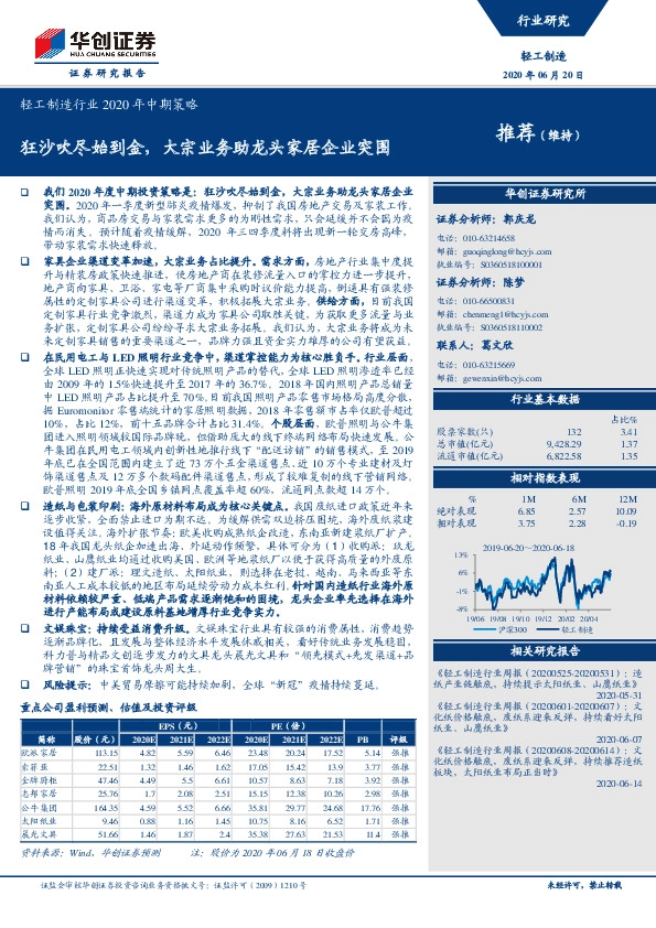 轻工制造行业2020年中期策略：狂沙吹尽始到金，大宗业务助龙头家居企业突围