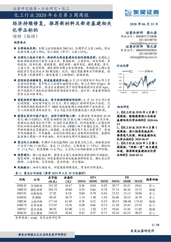 化工行业2020年6月第3周周报：经济持续修复，推荐新材料及新老基建相关化学品标的