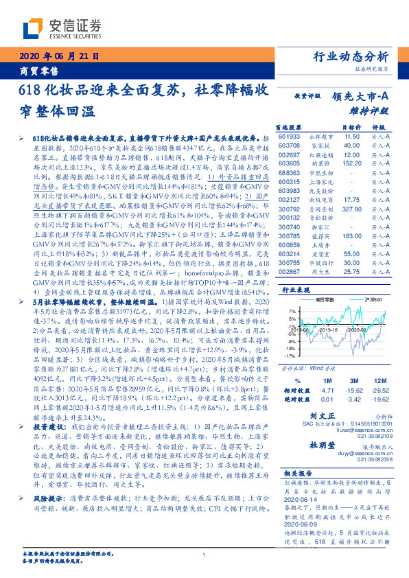 商贸零售行业动态分析：618化妆品迎来全面复苏，社零降幅收窄整体回温
