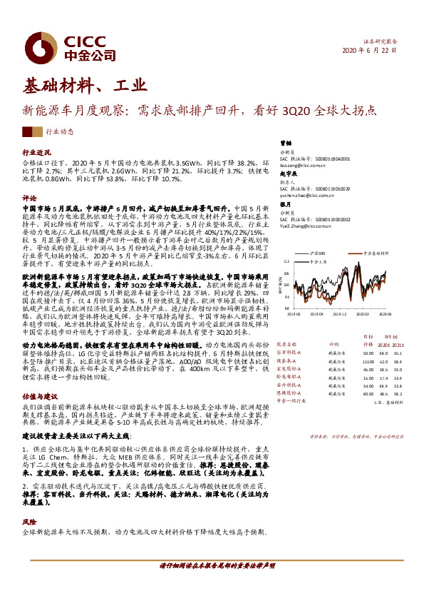 基础材料、工业：新能源车月度观察：需求底部排产回升，看好3Q20全球大拐点