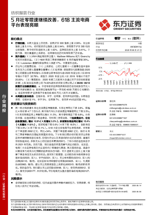 纺织服装行业周报：5月社零增速继续改善，618主流电商平台表现亮眼