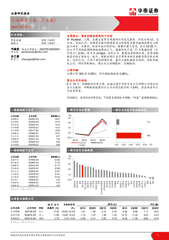 黑色金属/钢铁Ⅱ行业周报（第二十五周）