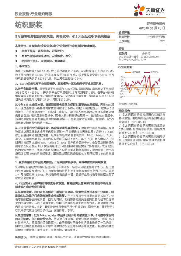 纺织服装行业研究周报：5月服装社零数据持续恢复，降幅收窄；618大促运动板块表现靓丽