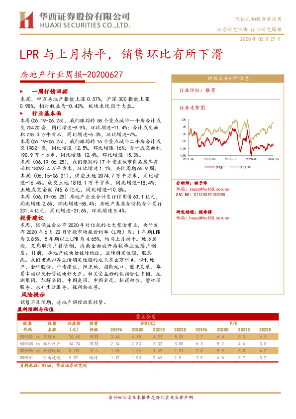 房地产行业周报：LPR与上月持平，销售环比有所下滑