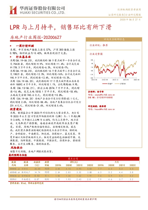 房地产行业周报：LPR与上月持平，销售环比有所下滑