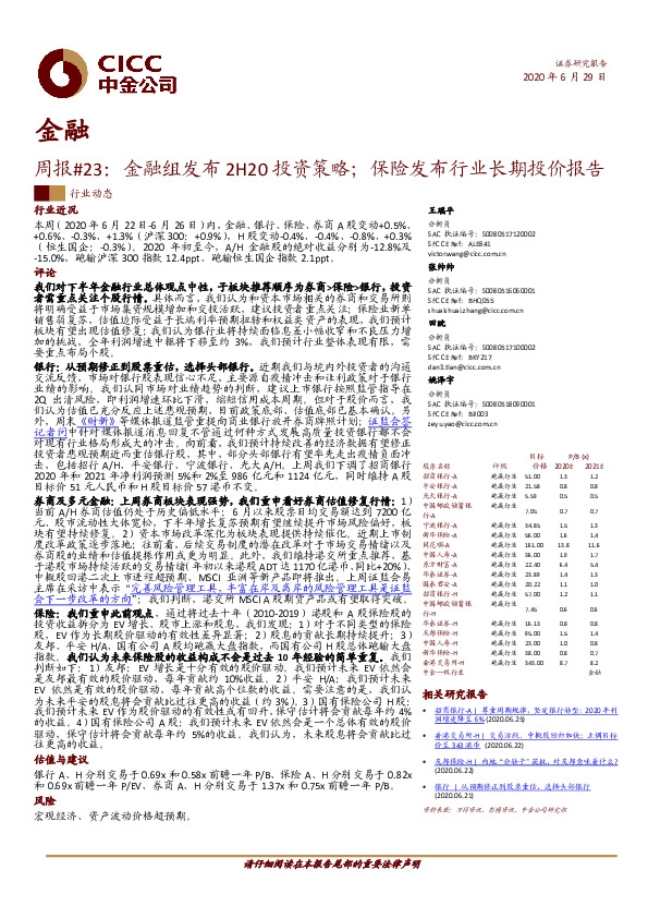金融周报#23：金融组发布2H20投资策略；保险发布行业长期投价报告
