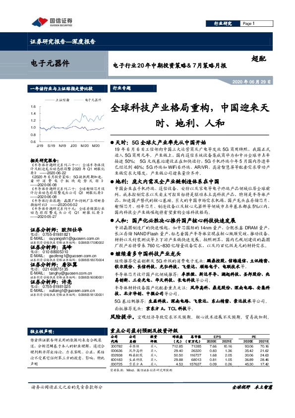电子行业20年中期投资策略&7月策略月报：全球科技产业格局重构，中国迎来天时、地利、人和