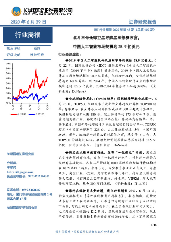 TMT行业周报2020年第18期（总第102期）：北斗三号全球卫星导航星座部署收官，中国人工智能市场规模达28.9亿美元