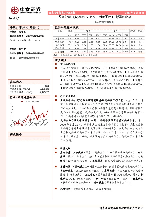 互联网+大健康周报：医院智慧服务分级评估启动，刺激医疗IT新需求释放