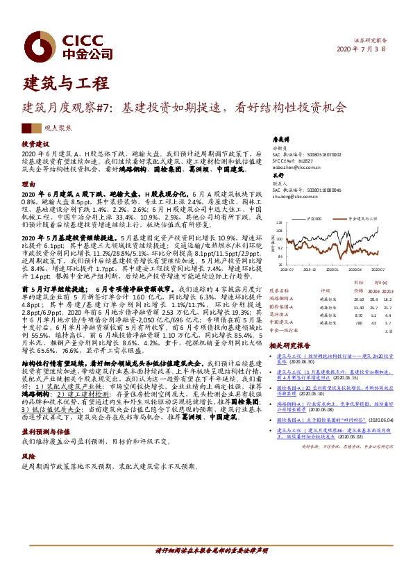 建筑月度观察#7：基建投资如期提速，看好结构性投资机会