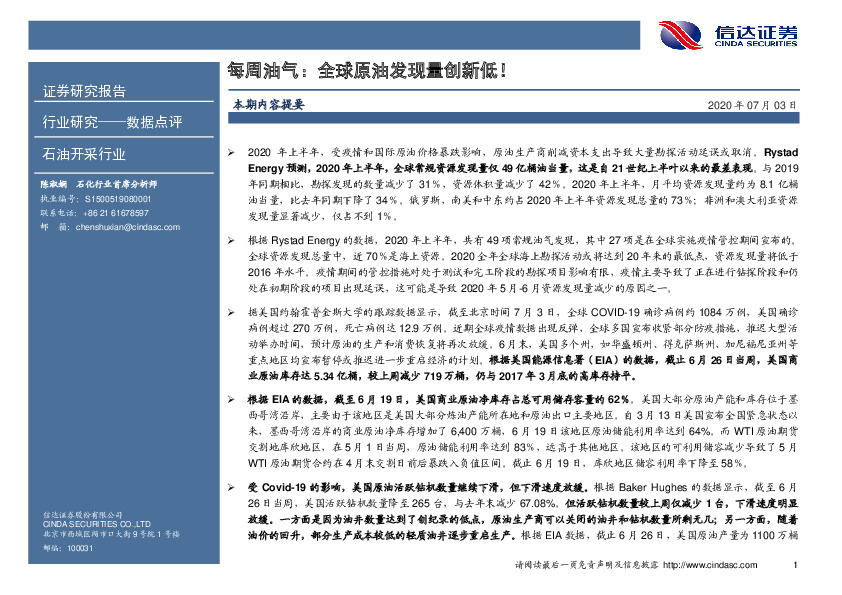 石油开采行业每周油气：全球原油发现量创新低！