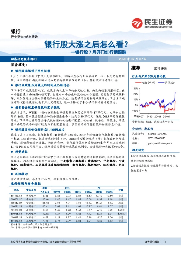 银行股7月开门红行情跟踪：银行股大涨之后怎么看？