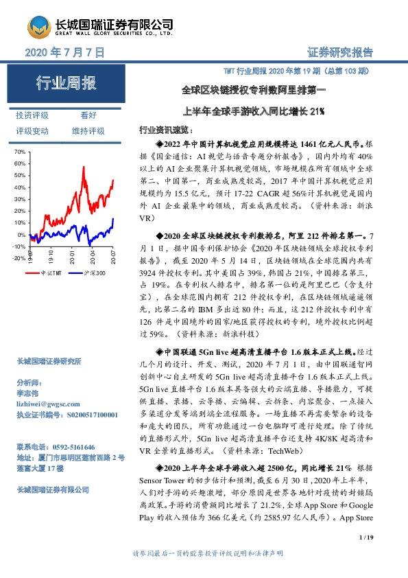 TMT行业周报2020年第19期（总第103期）：全球区块链授权专利数阿里排第一 上半年全球手游收入同比增长21%
