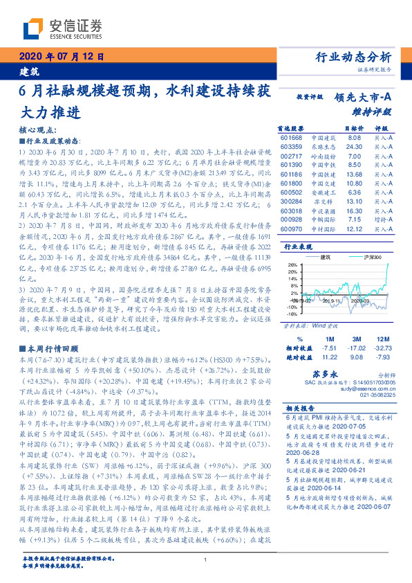 建筑行业动态分析：6月社融规模超预期，水利建设持续获大力推进
