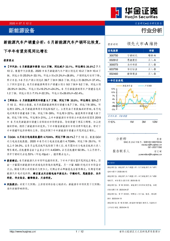 新能源汽车产销量分析：6月新能源汽车产销环比恢复，下半年有望实现同比增长