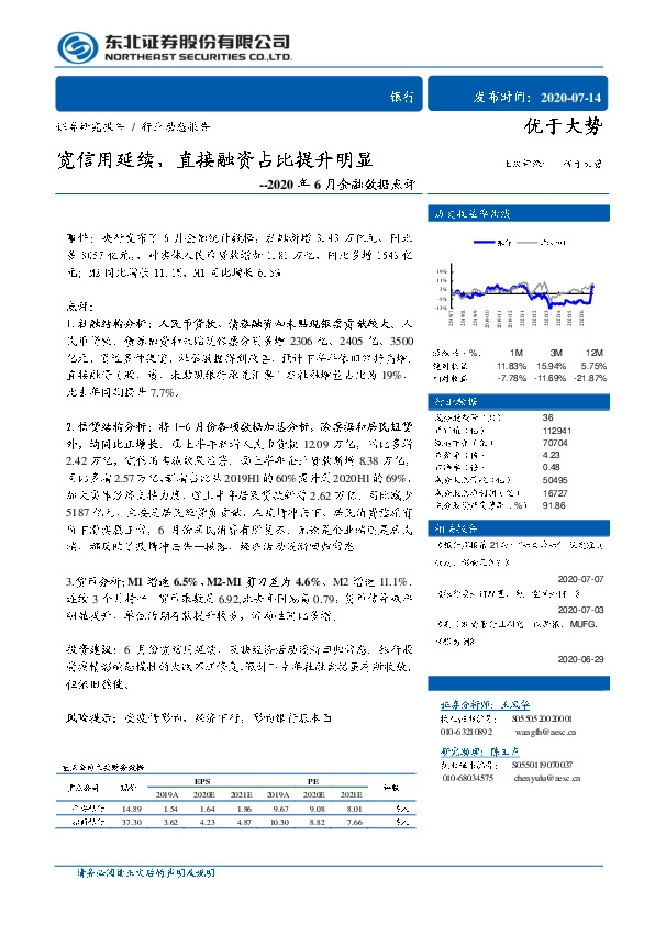 银行2020年6月金融数据点评：宽信用延续，直接融资占比提升明显