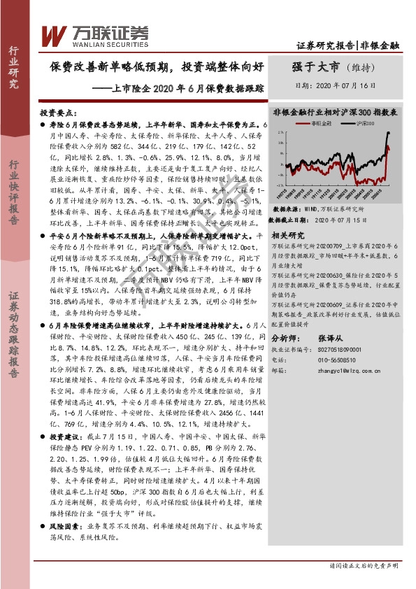 上市险企2020年6月保费数据跟踪：保费改善新单略低预期，投资端整体向好