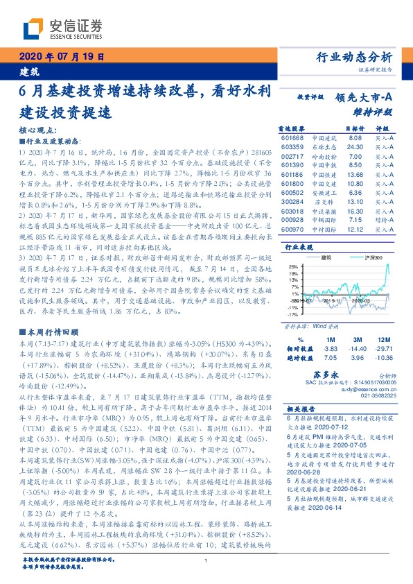 建筑行业动态分析：6月基建投资增速持续改善，看好水利建设投资提速