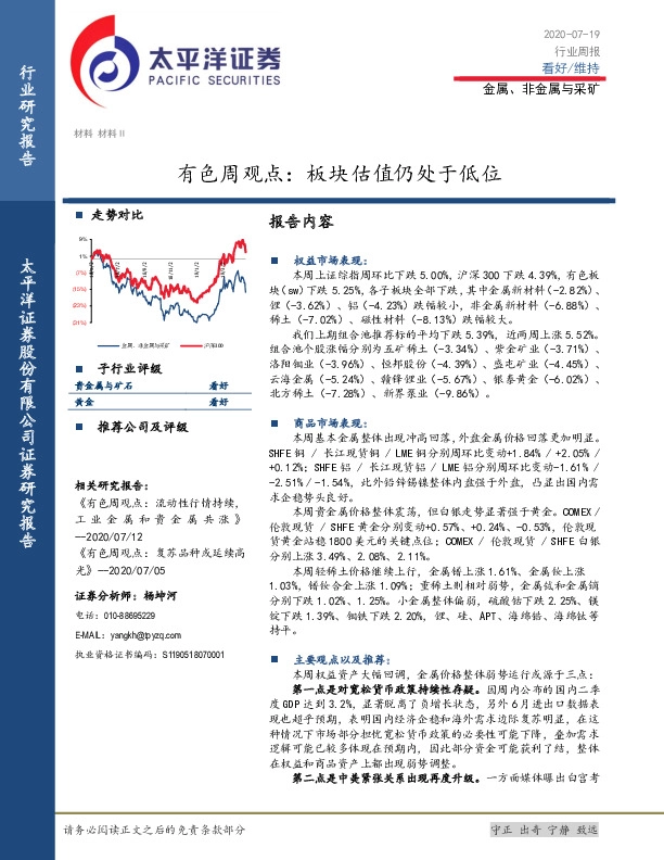 有色周观点：板块估值仍处于低位