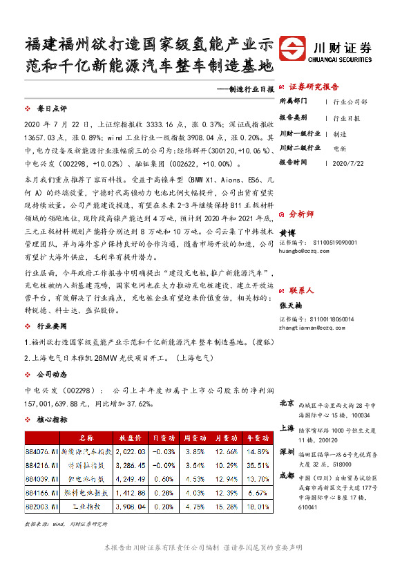 制造行业日报：福建福州欲打造国家级氢能产业示范和千亿新能源汽车整车制造基地