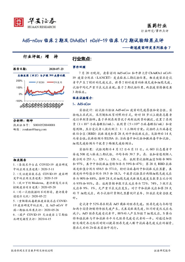 新冠疫苗研发系列报告7：Ad5-nCov临床2期及ChAdOx1 nCoV-19临床1/2期试验结果点评