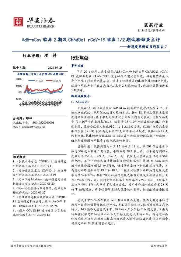 新冠疫苗研发系列报告7：Ad5-nCov临床2期及ChAdOx1 nCoV-19临床1/2期试验结果点评