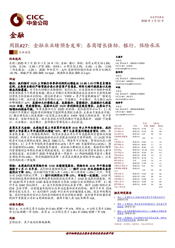 金融周报#27：金融业业绩预告发布：券商增长强劲，银行、保险承压