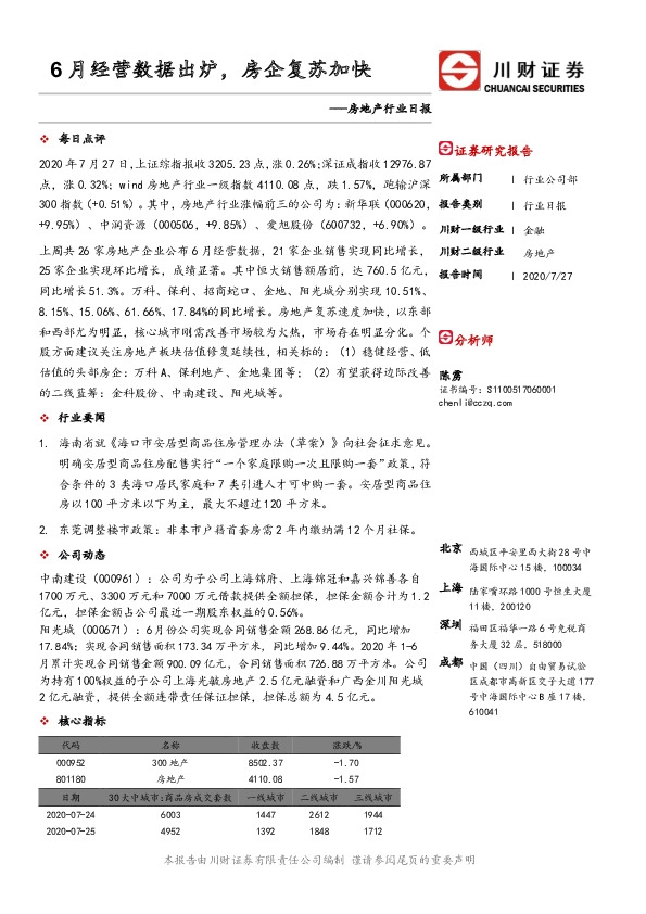 房地产行业日报：6月经营数据出炉，房企复苏加快