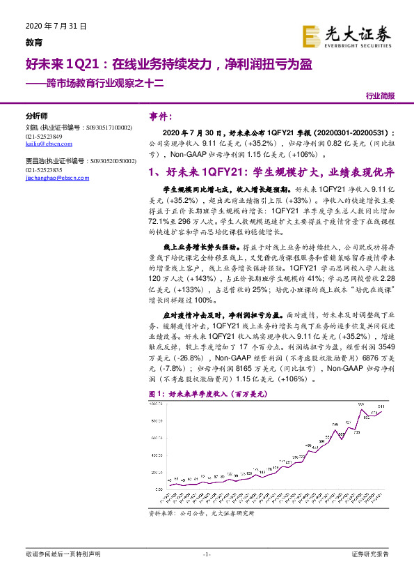 跨市场教育行业观察之十二：好未来1Q21：在线业务持续发力，净利润扭亏为盈