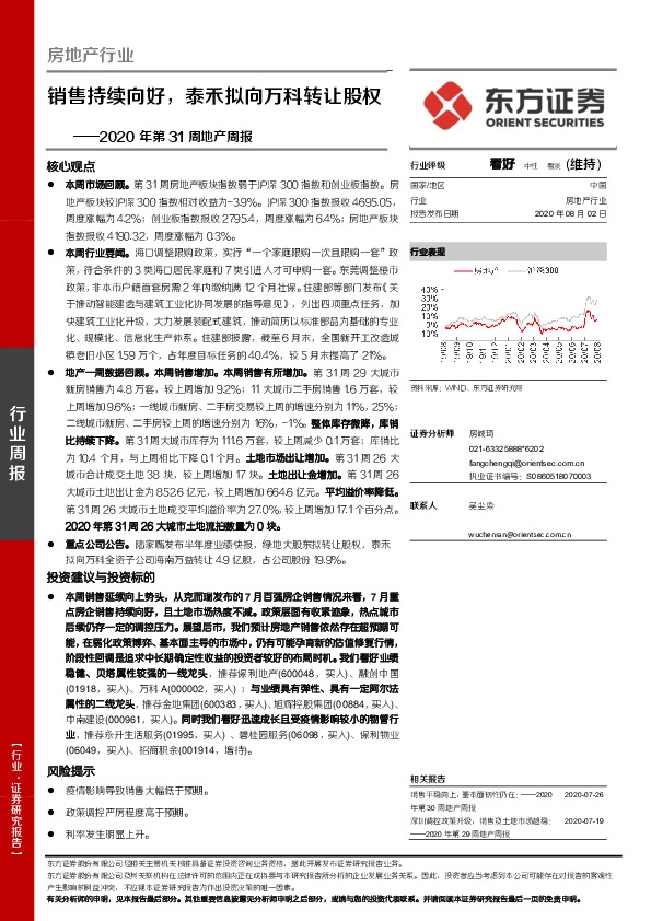 房地产行业2020年第31周地产周报：销售持续向好，泰禾拟向万科转让股权