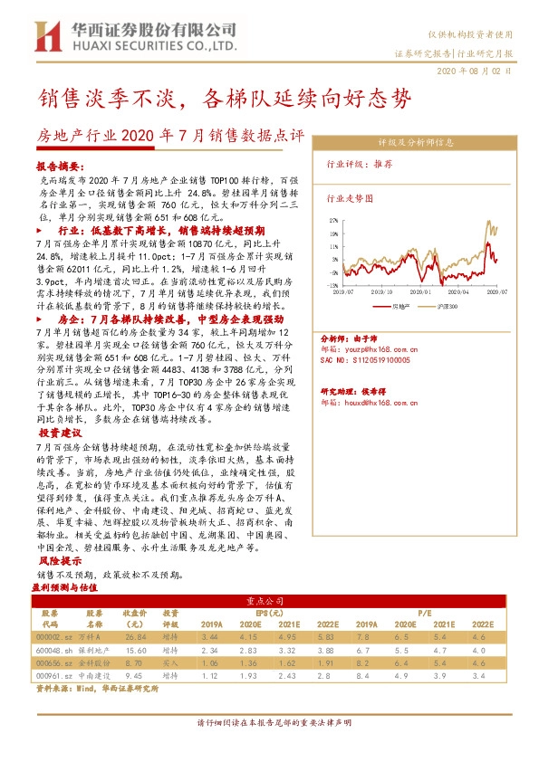 房地产行业2020年7月销售数据点评：销售淡季不淡，各梯队延续向好态势