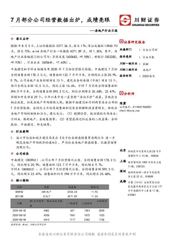 房地产行业日报：7月部分公司经营数据出炉，成绩亮眼