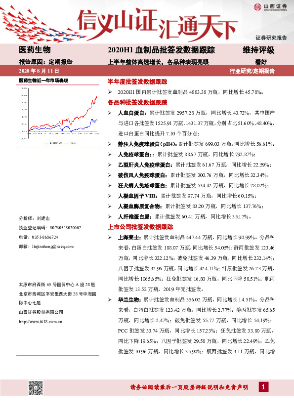2020H1血制品批签发数据跟踪：上半年整体高速增长，各品种表现亮眼