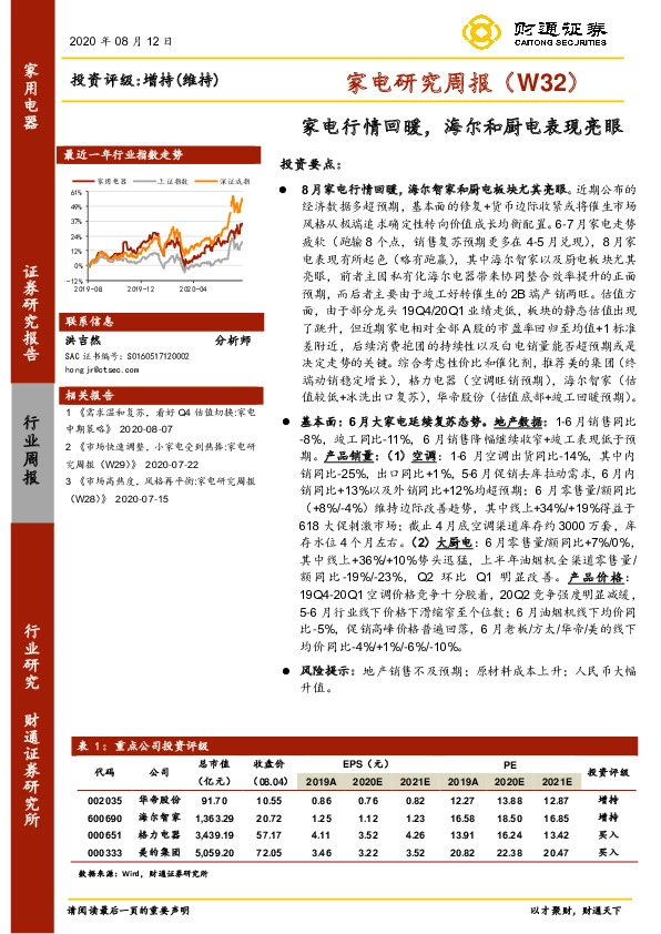 家电研究周报（W32）：家电行情回暖，海尔和厨电表现亮眼